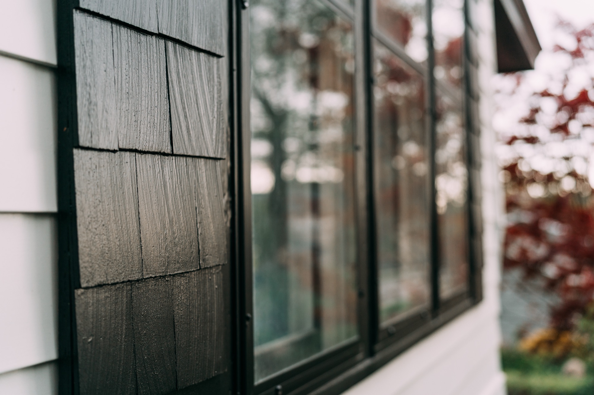 Black-painted cedar shake against white lap siding