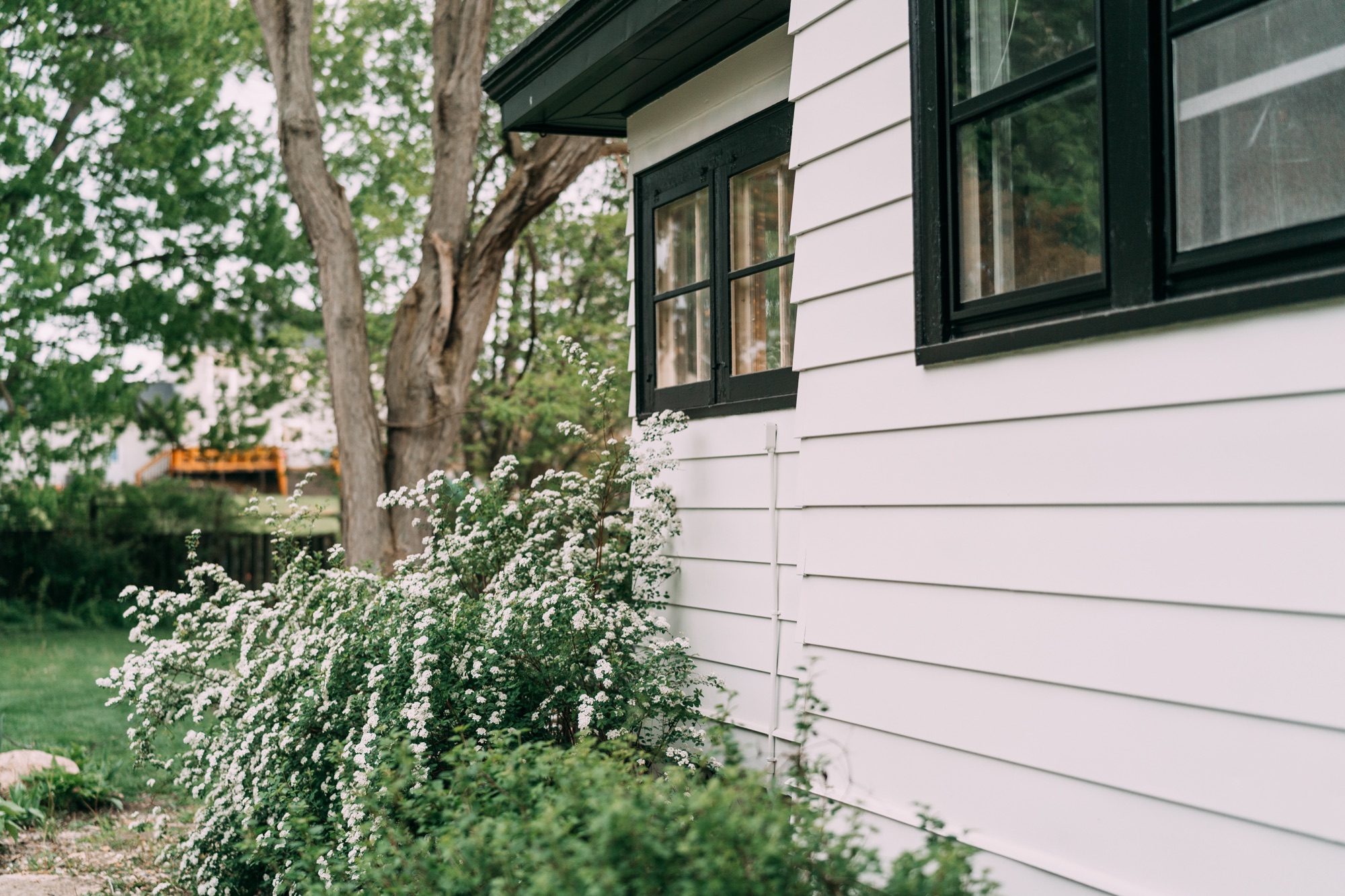 Side elevation with fresh white paint and black window trim