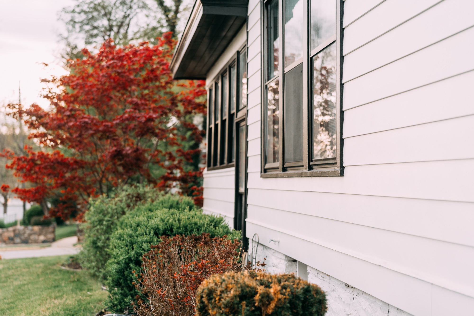 Side elevation of freshly repainted white and black exterior